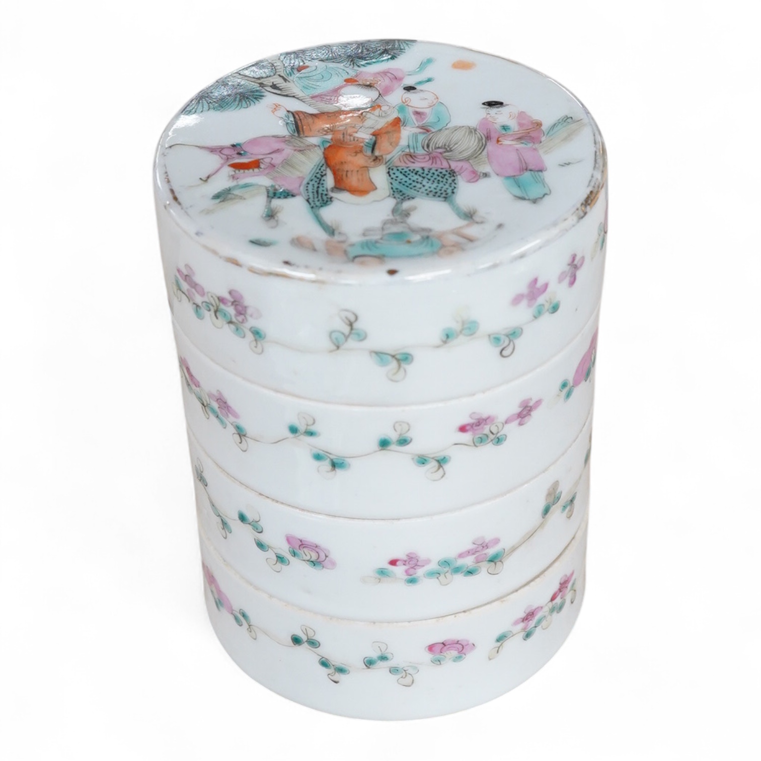 A Chinese famille rose cylindrical stacking box, c.1900, 11cm high